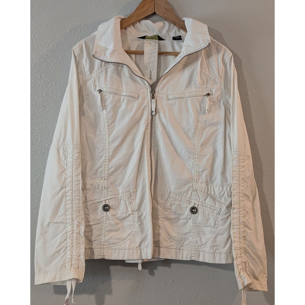 EDDIE BAUER Jacket Coat Women Large White Cotton Casual Cinched Arm/Back Hood